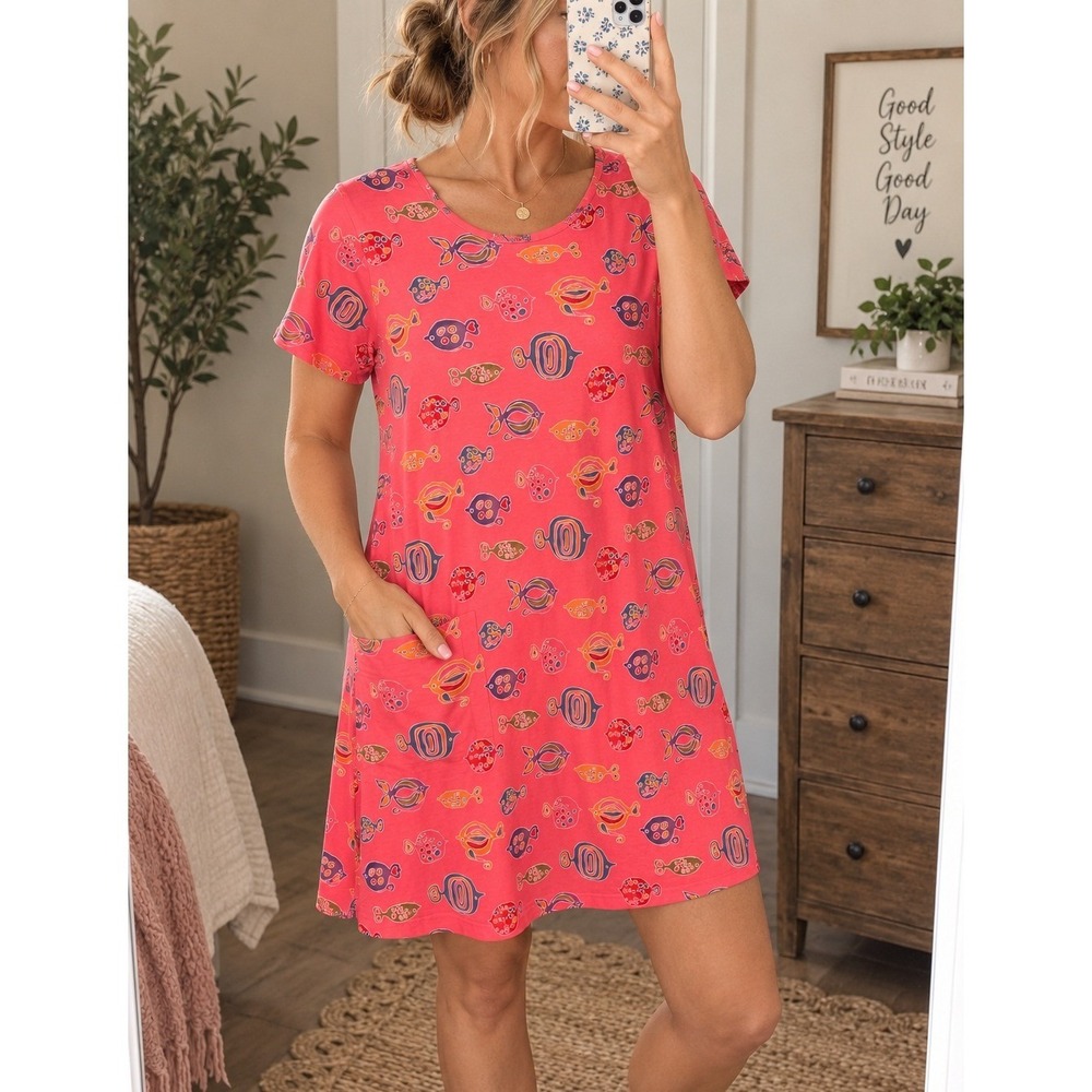 Fresh Produce Fish Print Dress Medium Coral Cotton Shift Coastal‎ Beach NWOT